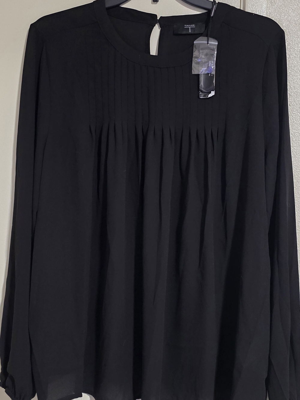 Tahari Black Pleated Long Sleeve Blouse